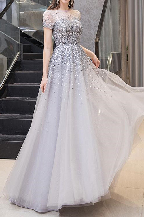 Gorgeous Long Prom Dress With Short Sleeves Sequins - Online-BallBride