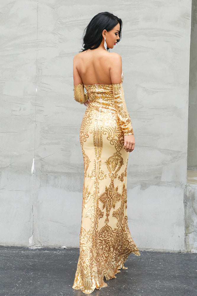 Gorgeous Long Sleeve Sequins Prom Dress Mermaid Off-the-Shoulder Evening Gown-BallBride