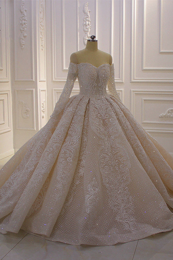 Gorgeous Long Sleeves Ball Gown Wedding Dress With Appliques Lace-BallBride