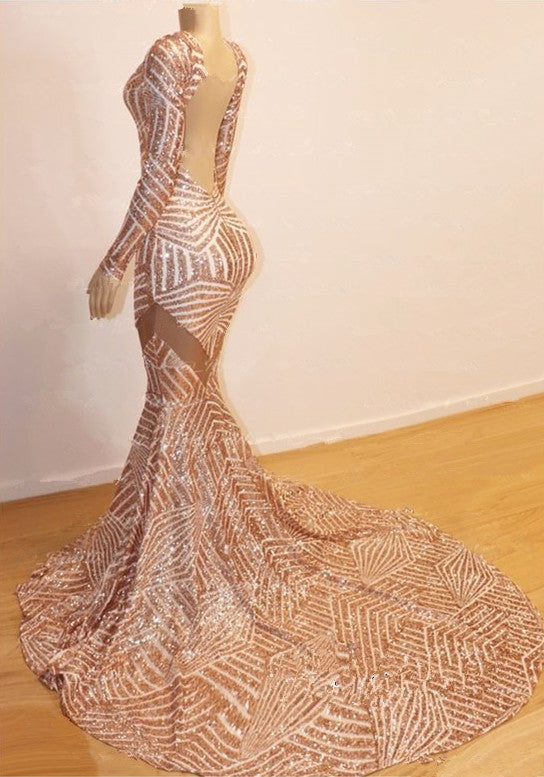 Gorgeous Long Sleevess V-Neck Shinning Sequined Prom Dress Mermaid Long-BallBride