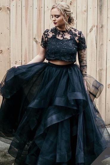 Gorgeous Long Tulle Lace Two Piece Wedding Dress With Short Sleeves-BallBride
