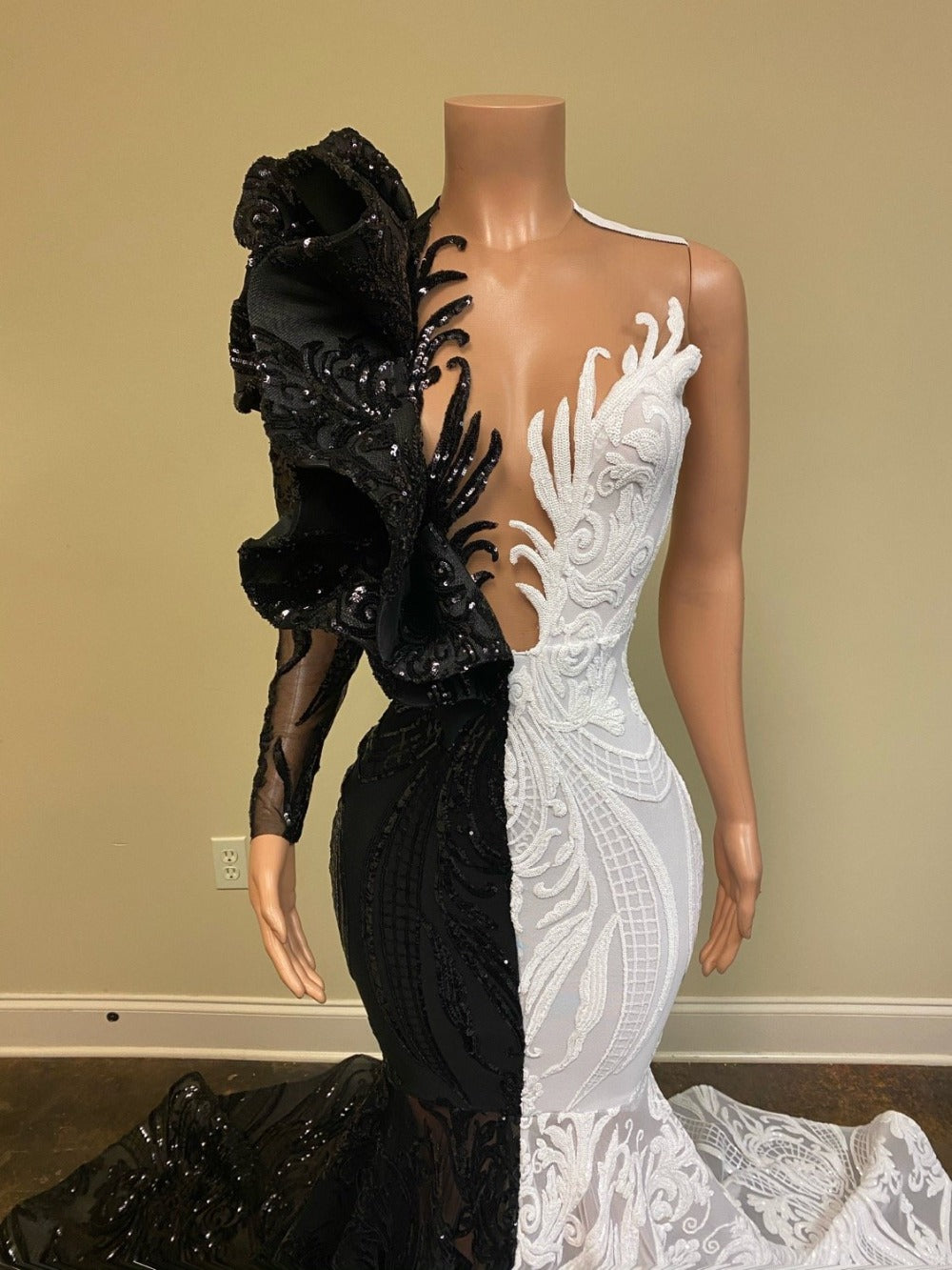Gorgeous Mermaid Prom Dress with Black & White Lace and Sequins-BallBride