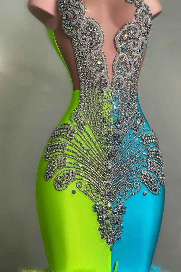Gorgeous Mix Color Mermaid Evening Dress Sleeveless Long With Feathers-BallBride