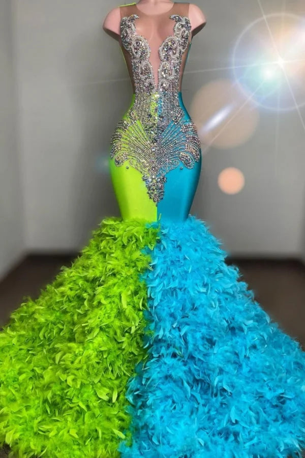 Gorgeous Mix Color Mermaid Evening Dress Sleeveless Long With Feathers-BallBride