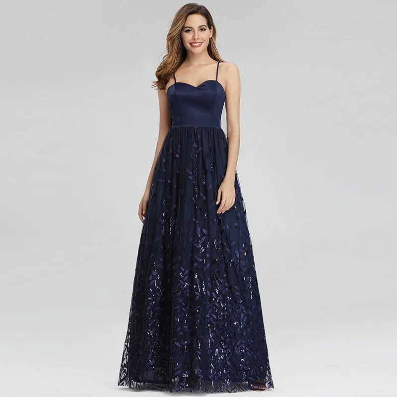 Gorgeous Navy Blue Spaghetti-Straps Evening Gowns Long Sweetheart Prom Dress With Leaves Embelishments-BallBride