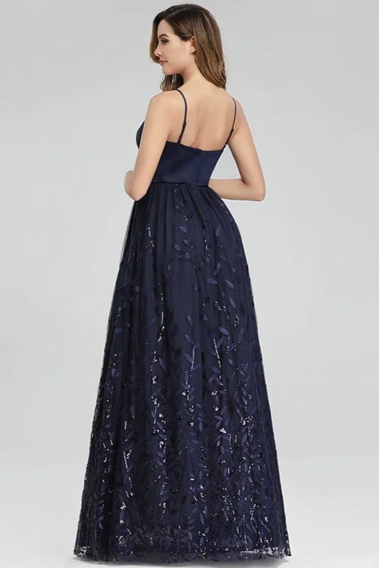 Gorgeous Navy Blue Spaghetti-Straps Evening Gowns Long Sweetheart Prom Dress With Leaves Embelishments-BallBride