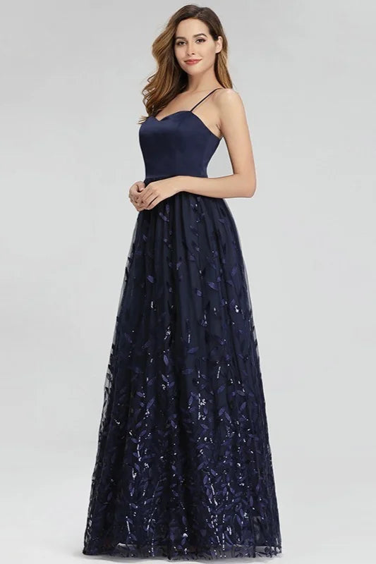Gorgeous Navy Blue Spaghetti-Straps Evening Gowns Long Sweetheart Prom Dress With Leaves Embelishments-BallBride