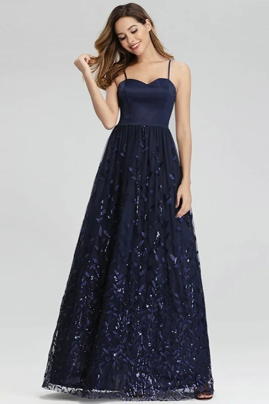 Gorgeous Navy Blue Spaghetti-Straps Evening Gowns Long Sweetheart Prom Dress With Leaves Embelishments-BallBride