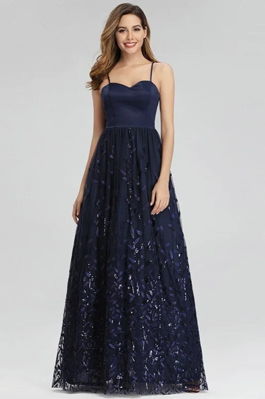 Gorgeous Navy Blue Spaghetti-Straps Evening Gowns Long Sweetheart Prom Dress With Leaves Embelishments-BallBride