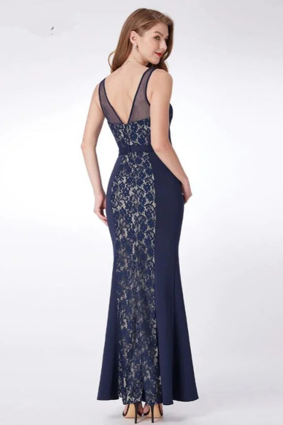 Gorgeous Navy V-Neck Lace Prom Dress Mermaid Long Evening Gowns-BallBride