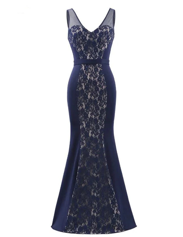 Gorgeous Navy V-Neck Lace Prom Dress Mermaid Long Evening Gowns-BallBride