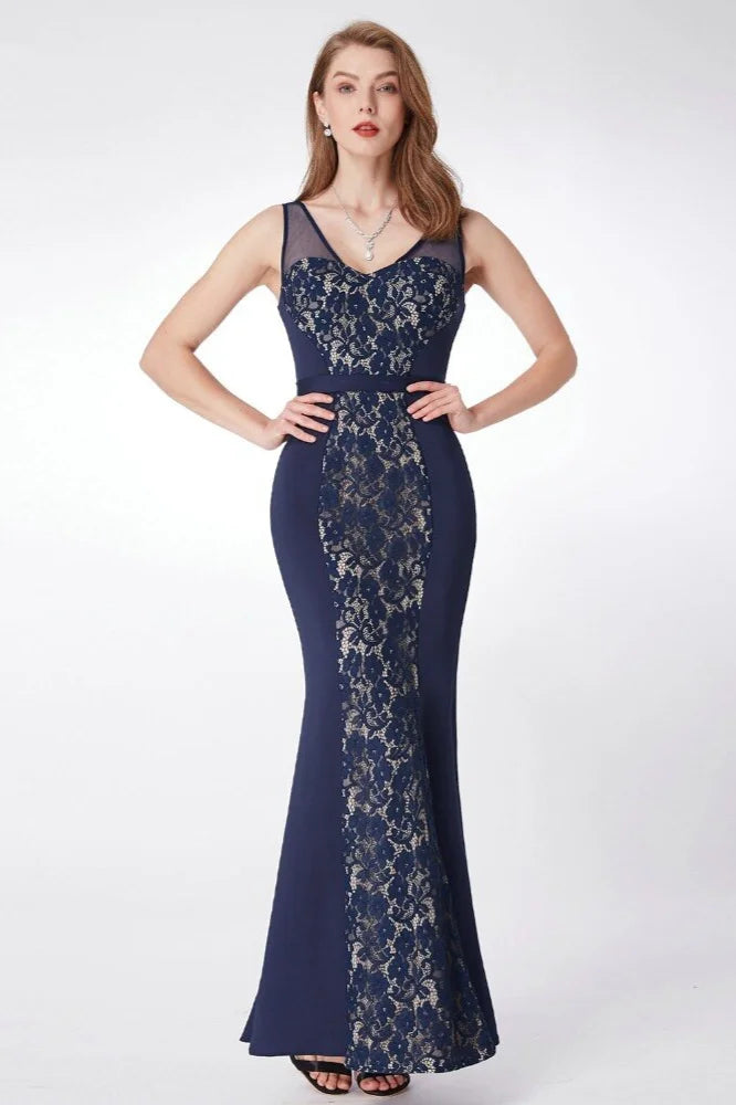 Gorgeous Navy V-Neck Lace Prom Dress Mermaid Long Evening Gowns-BallBride