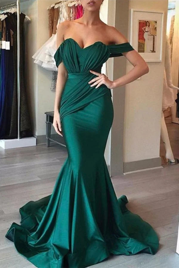 Gorgeous Off-the-Shoulder Dark Green Mermaid Long Evening Dress-BallBride