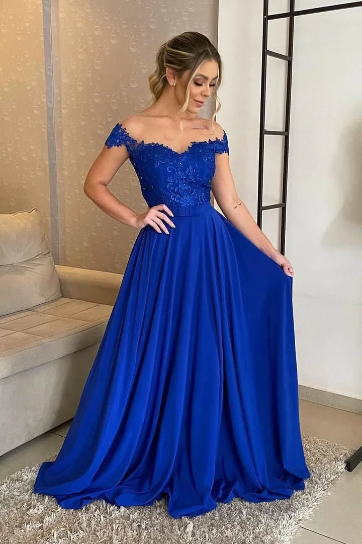 Gorgeous Off-the-Shoulder Long Evening Dress A-Line With Lace Appliques-BallBride