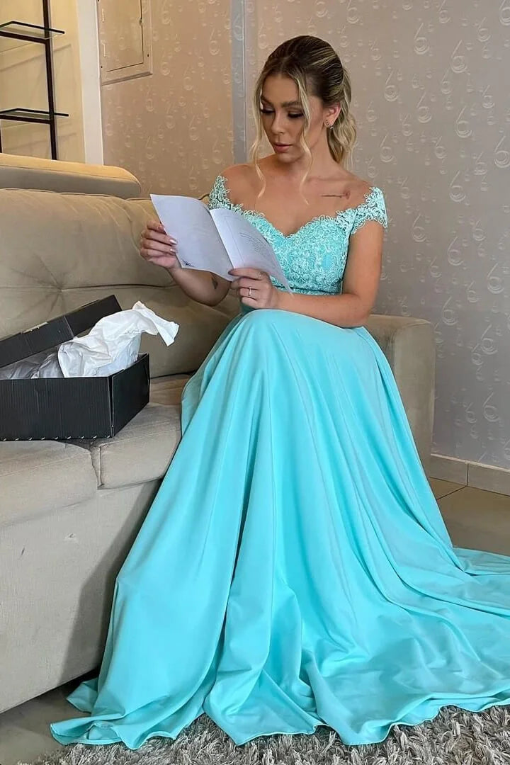 Gorgeous Off-the-Shoulder Long Evening Dress A-Line With Lace Appliques-BallBride