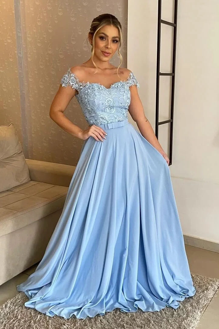 Gorgeous Off-the-Shoulder Long Evening Dress A-Line With Lace Appliques-BallBride