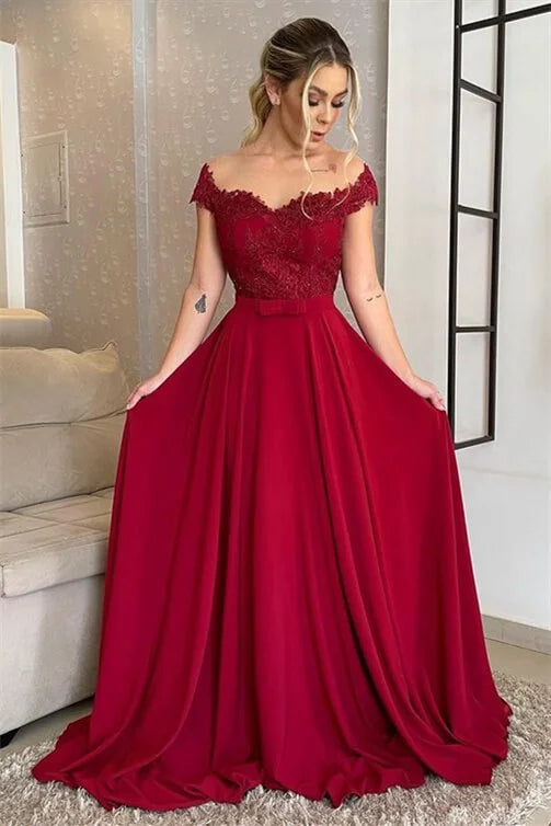 Gorgeous Off-the-Shoulder Long Evening Dress A-Line With Lace Appliques-BallBride