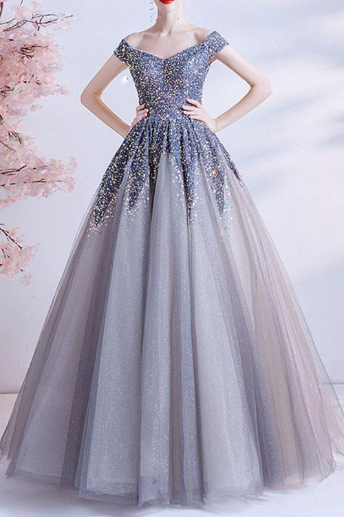 Gorgeous Off-The-Shoulder Long Prom Dress With Sweetheart Sequins-BallBride