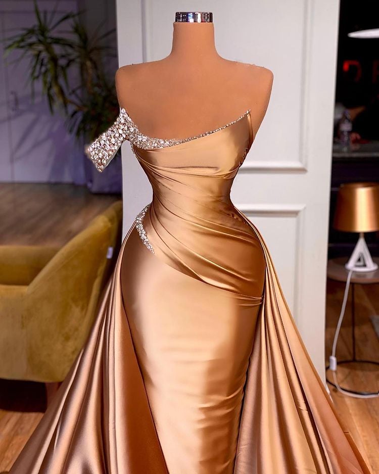 Gorgeous Off-the-Shoulder Mermaid Prom Dress with Beaded Overskirt-BallBride
