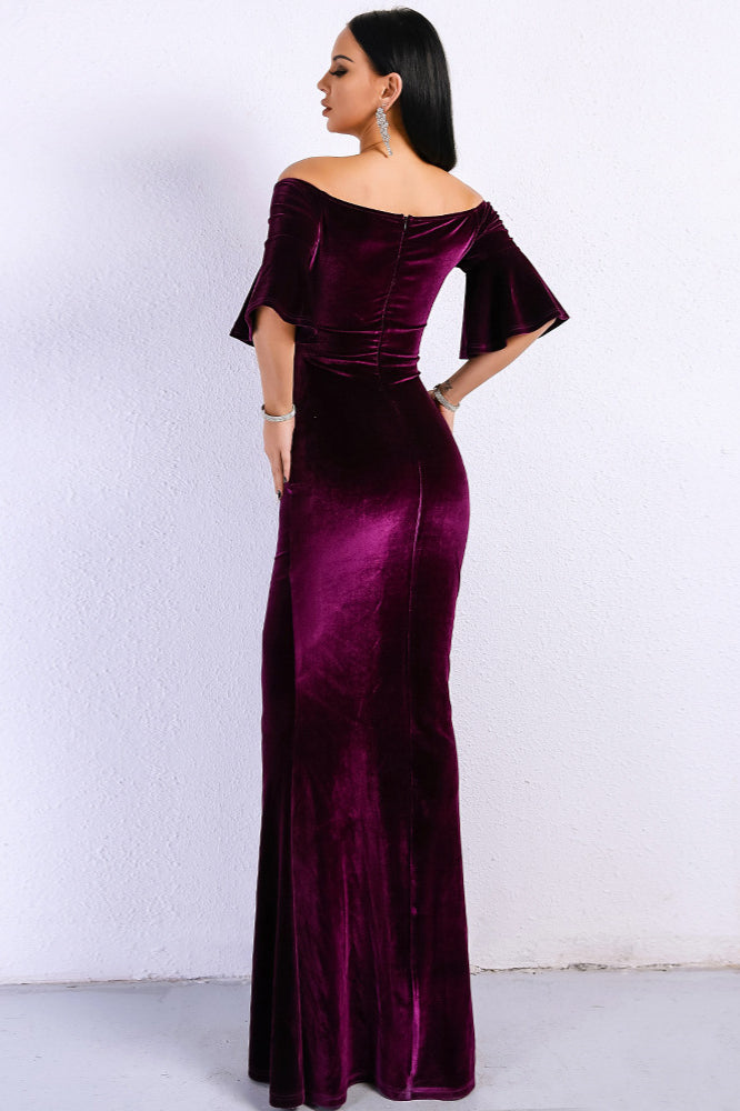 Gorgeous Off-the-Shoulder Mermaid Velvet Prom Dress with Short Sleeves and Long Zipper Back-BallBride