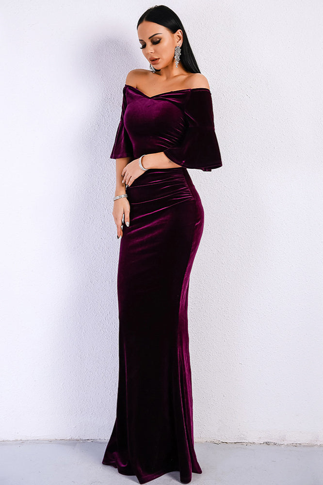 Gorgeous Off-the-Shoulder Mermaid Velvet Prom Dress with Short Sleeves and Long Zipper Back-BallBride