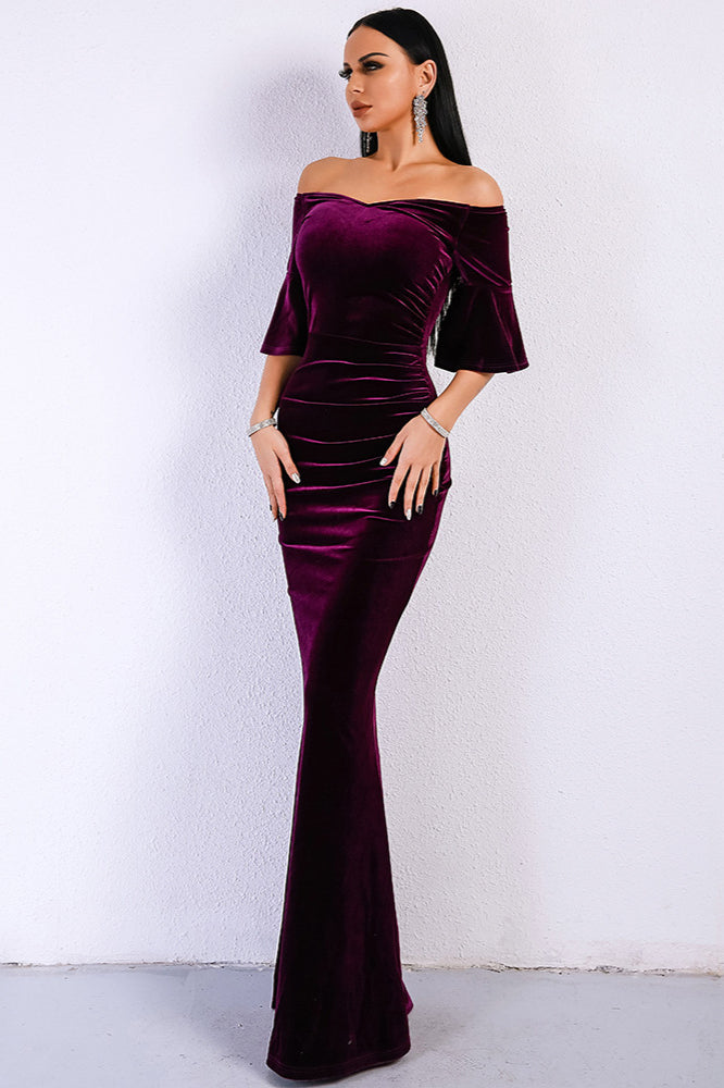 Gorgeous Off-the-Shoulder Mermaid Velvet Prom Dress with Short Sleeves and Long Zipper Back-BallBride