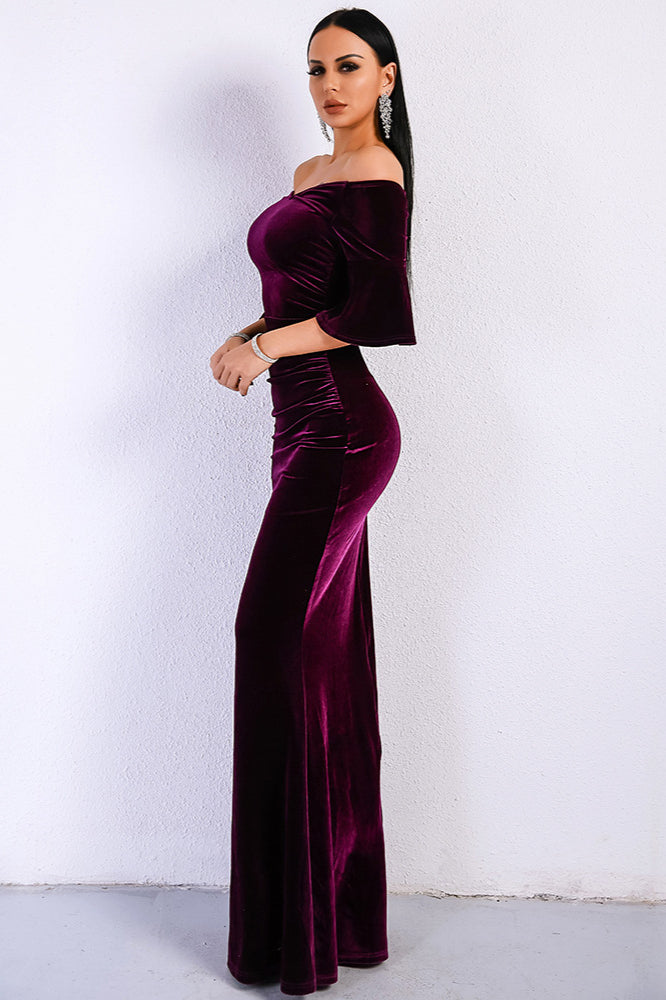 Gorgeous Off-the-Shoulder Mermaid Velvet Prom Dress with Short Sleeves and Long Zipper Back-BallBride