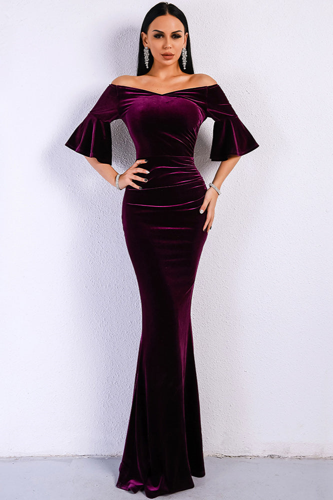 Gorgeous Off-the-Shoulder Mermaid Velvet Prom Dress with Short Sleeves and Long Zipper Back-BallBride