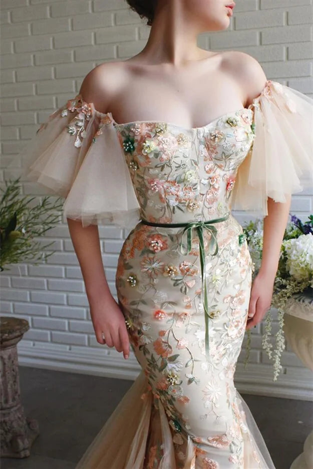 Gorgeous Off-the-Shoulder Tulle Evening Dress Mermaid Long With Flowers-BallBride