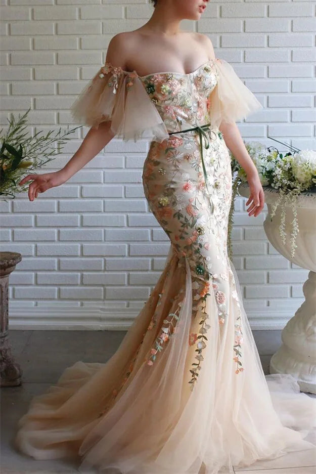 Gorgeous Off-the-Shoulder Tulle Evening Dress Mermaid Long With Flowers-BallBride
