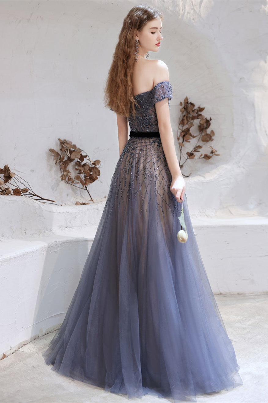 Gorgeous Off-the-Shoulder Tulle Prom Dress with Beadings-BallBride