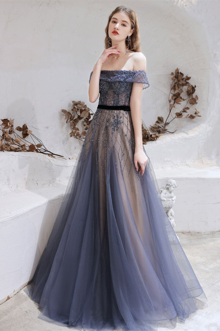 Gorgeous Off-the-Shoulder Tulle Prom Dress with Beadings-BallBride