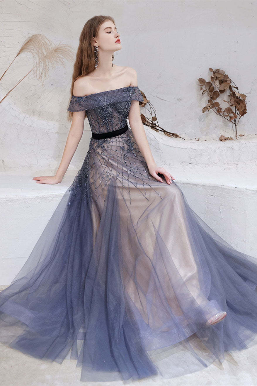 Gorgeous Off-the-Shoulder Tulle Prom Dress with Beadings-BallBride