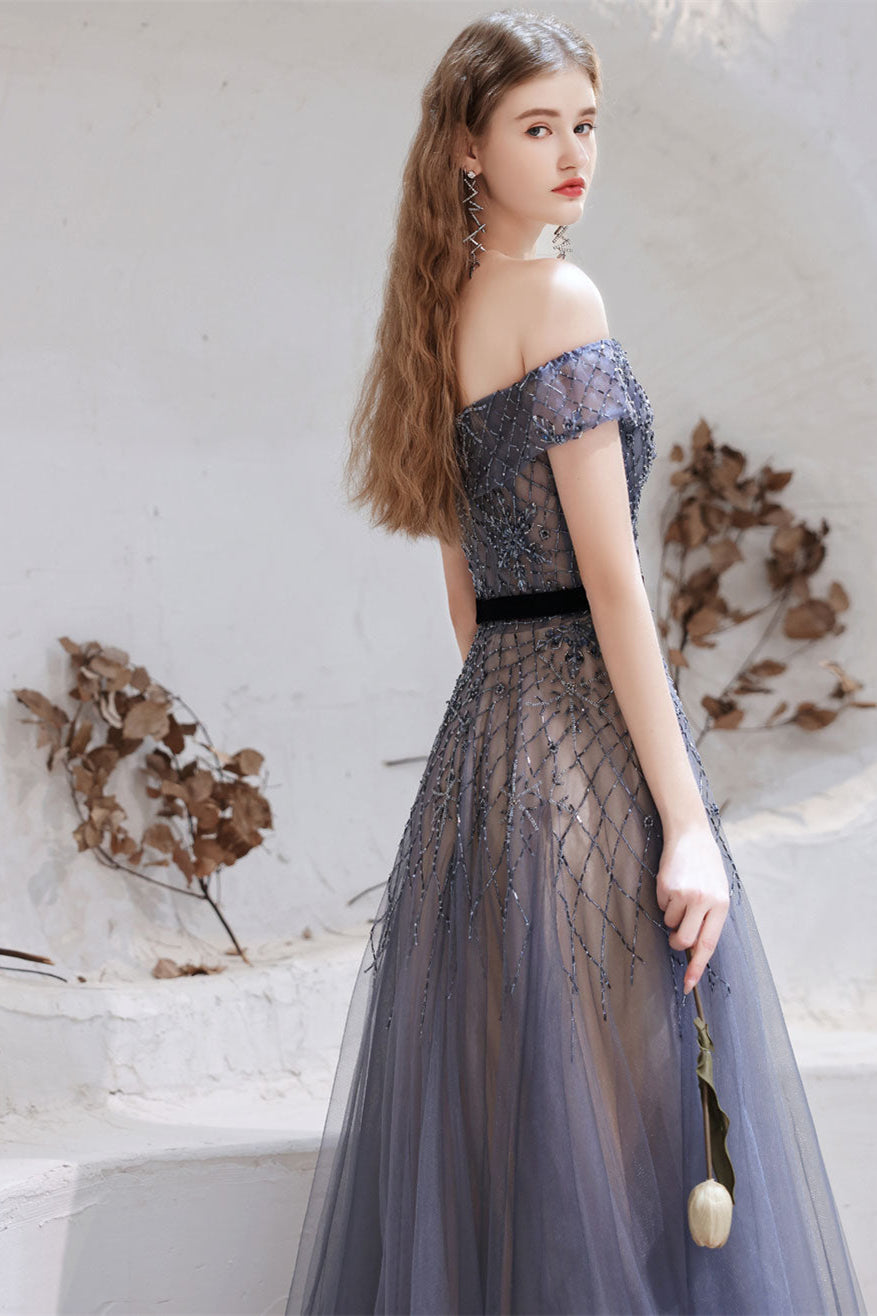 Gorgeous Off-the-Shoulder Tulle Prom Dress with Beadings-BallBride