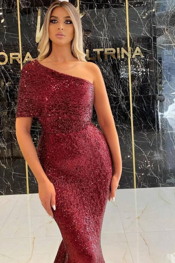Gorgeous One Shoulder Burgundy Sequins Prom Dress Mermaid Long Online-BallBride