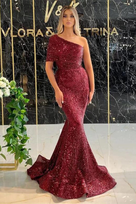 Gorgeous One Shoulder Burgundy Sequins Prom Dress Mermaid Long Online-BallBride