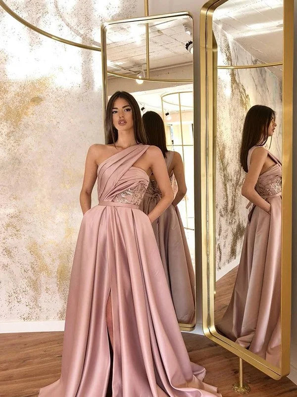 Gorgeous One Shoulder Evening Dress Split With Poacket-BallBride