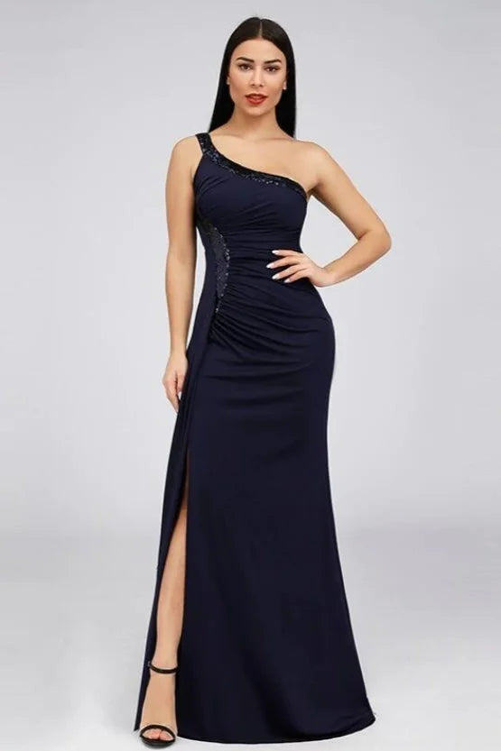 Gorgeous One Shoulder Mermaid Prom Dress Sequins Long Evening Gowns With Slit-BallBride