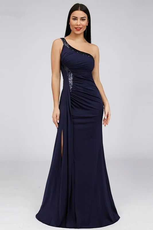 Gorgeous One Shoulder Mermaid Prom Dress Sequins Long Evening Gowns With Slit-BallBride