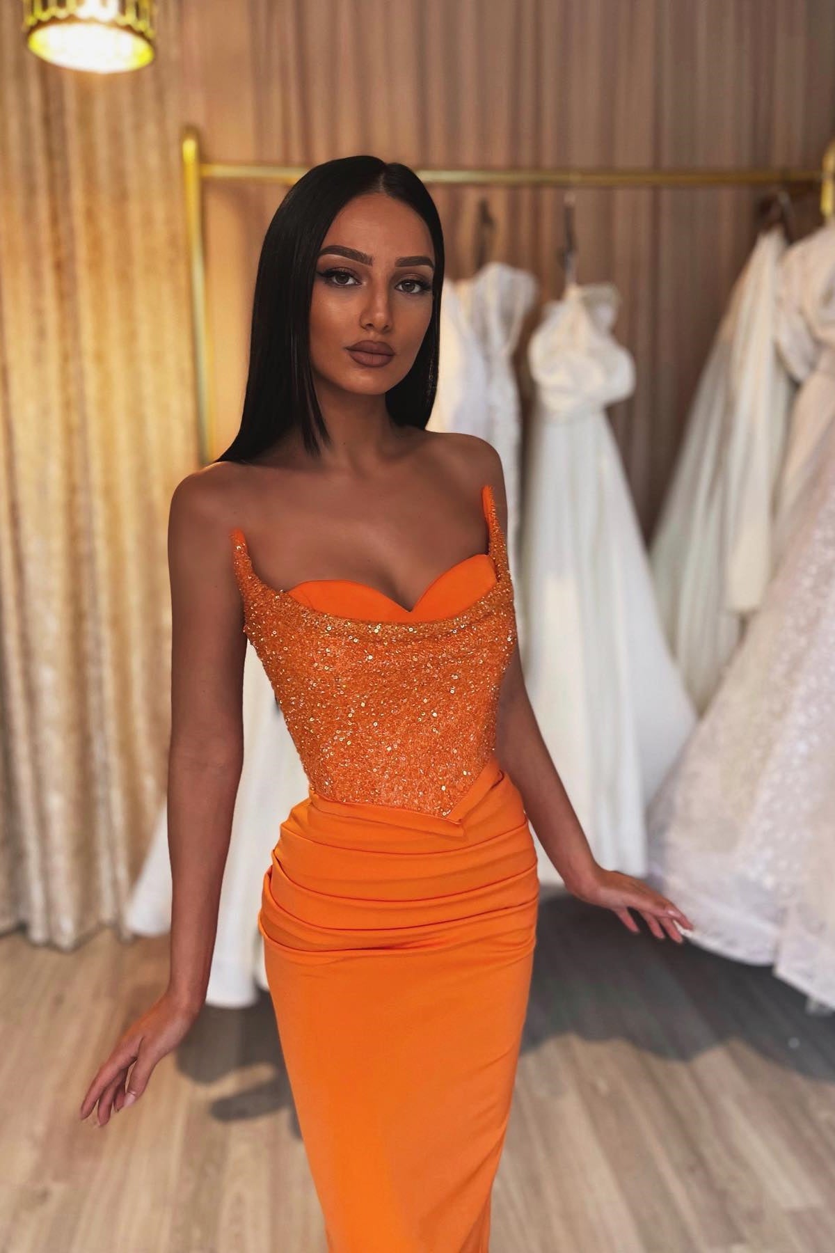 Gorgeous Orange Strapless Mermaid Prom Dress with Sequins-BallBride