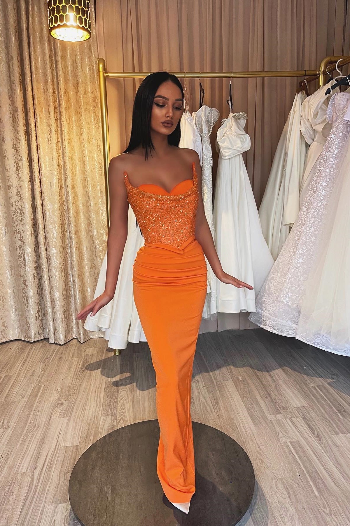 Gorgeous Orange Strapless Mermaid Prom Dress with Sequins-BallBride