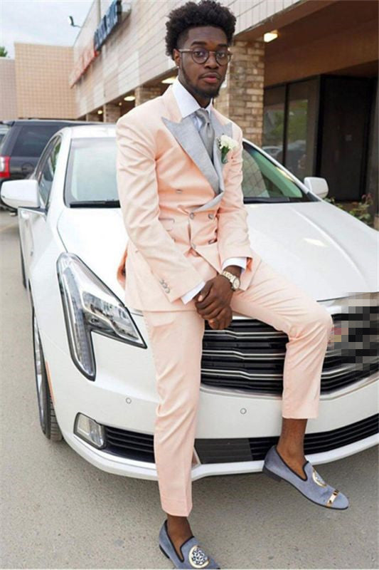 Gorgeous Pink Best Wedding Suit for Men - Double Breasted with Peaked Lapel-BallBride