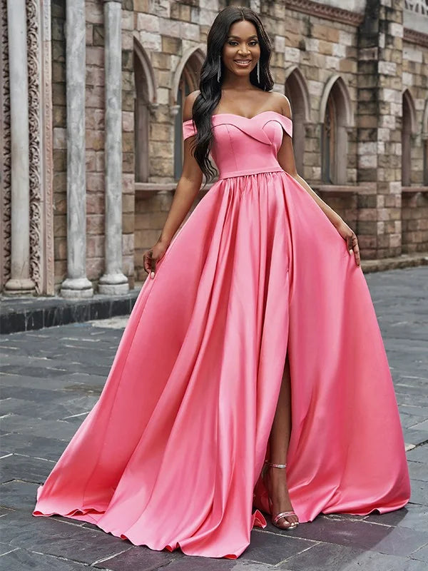 Gorgeous Pink Off-the-Shoulder Long Evening Dress With Split-BallBride
