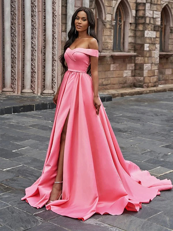 Gorgeous Pink Off-the-Shoulder Long Evening Dress With Split-BallBride