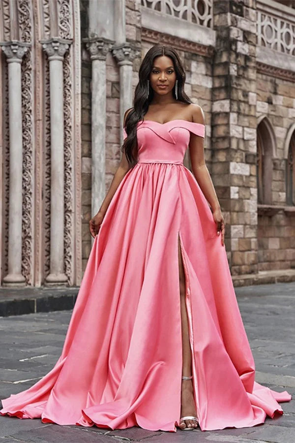 Gorgeous Pink Off-the-Shoulder Long Evening Dress With Split-BallBride