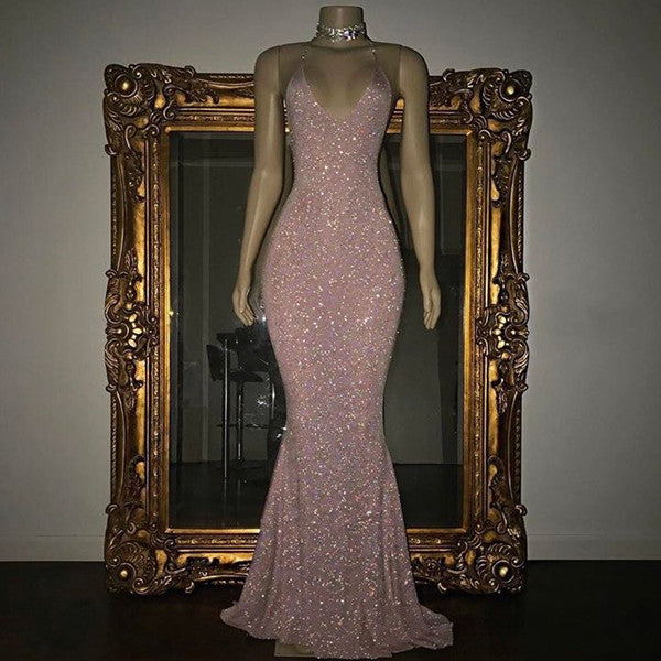 Gorgeous Pink Spaghetti Straps Sequins Long Prom Dress-BallBride