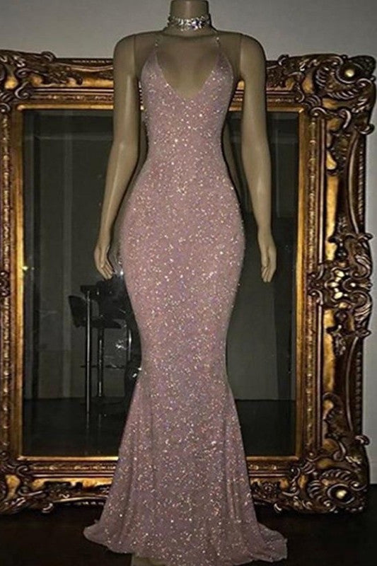 Gorgeous Pink Spaghetti Straps Sequins Long Prom Dress-BallBride