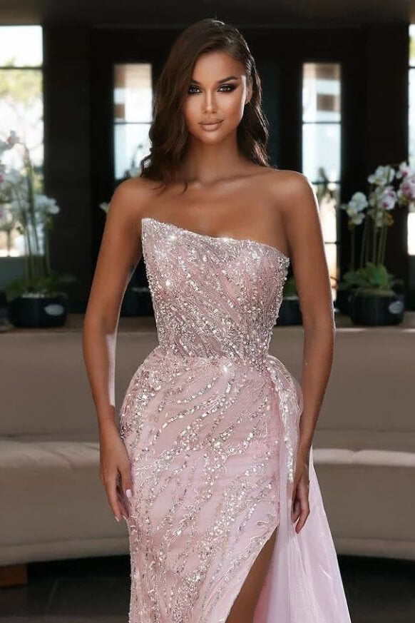 Gorgeous Pink Strapless Mermaid Prom Dress with Slit and Beads-BallBride