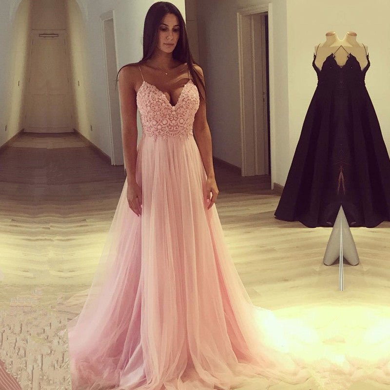 Gorgeous Pink Tulle Lace Spaghetti-Straps Prom Dress-BallBride
