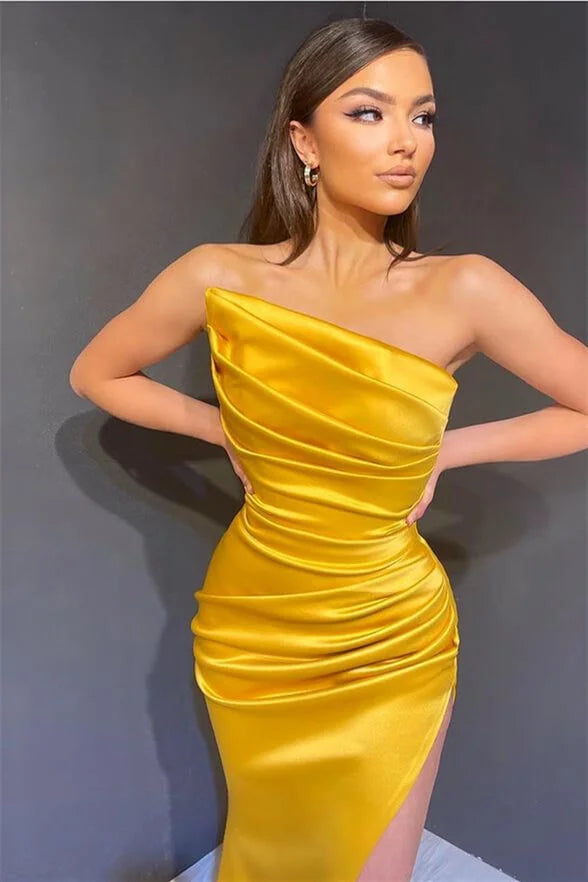 Gorgeous Pleated Strapless Mermaid Yellow Evening Dress Split Long-BallBride